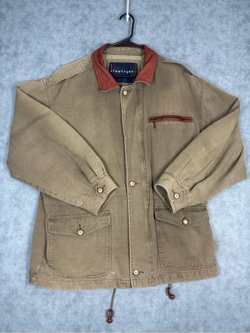 Vintage Structure Mens XL Brown Canvas Field Barn Jacket Leather Trim Collar